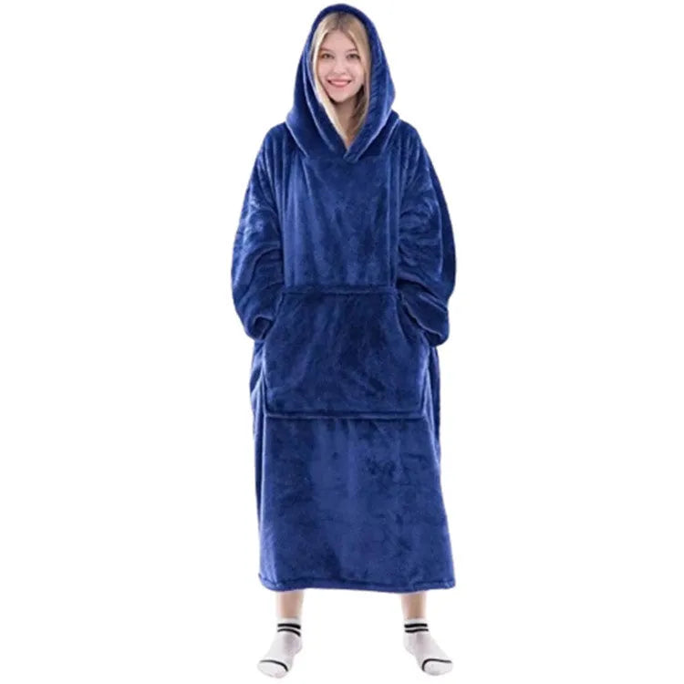 Flannel thick warm blanket hoodie for women in gray, long loose pullover with pockets