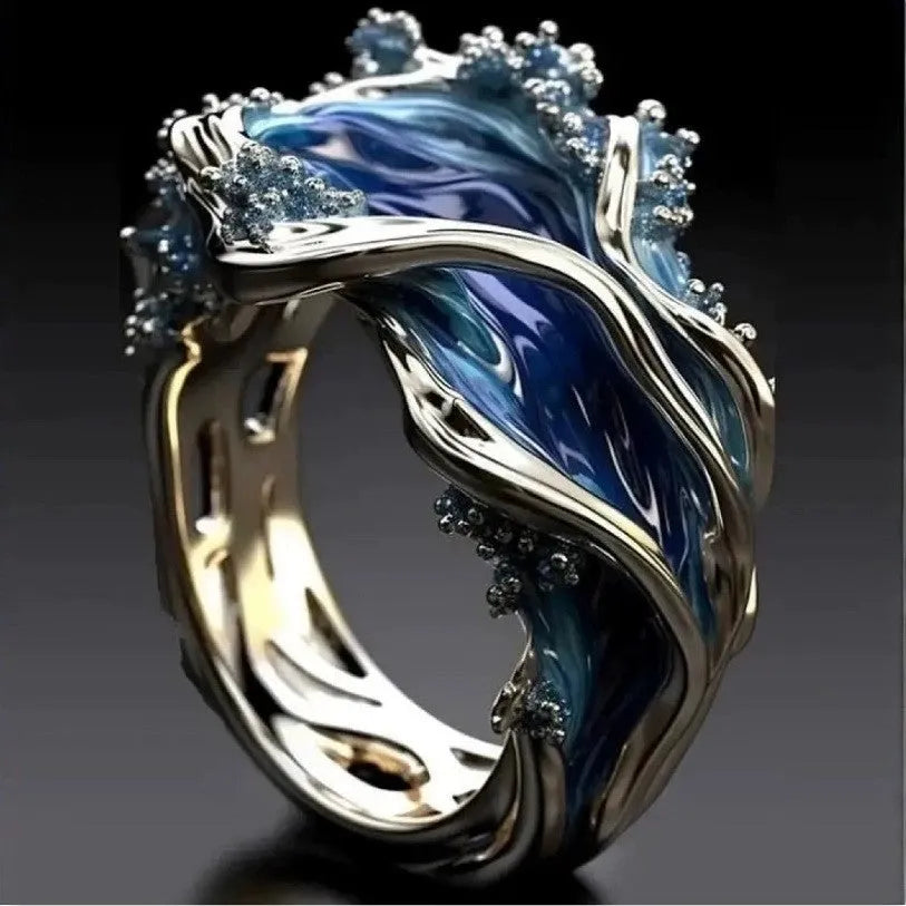 Women's geometric alloy ring with wave oil drop diamond inlay