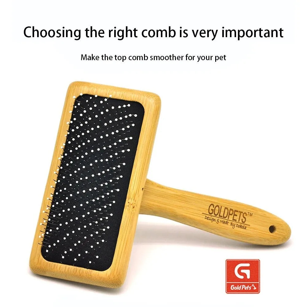 Bamboo and wood pet slicker brush with stainless steel pins for grooming long-haired cats and dogs