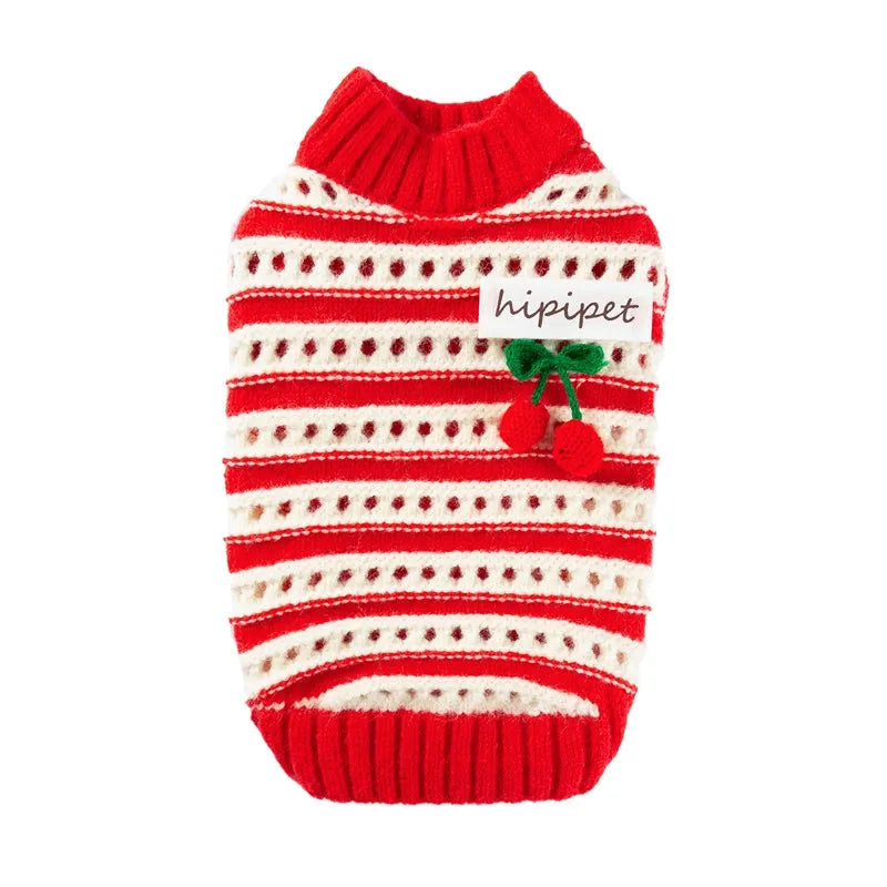 Red and white knitted pet sweater with cut-out detail and 3D cherry embroidery for small dogs and cats