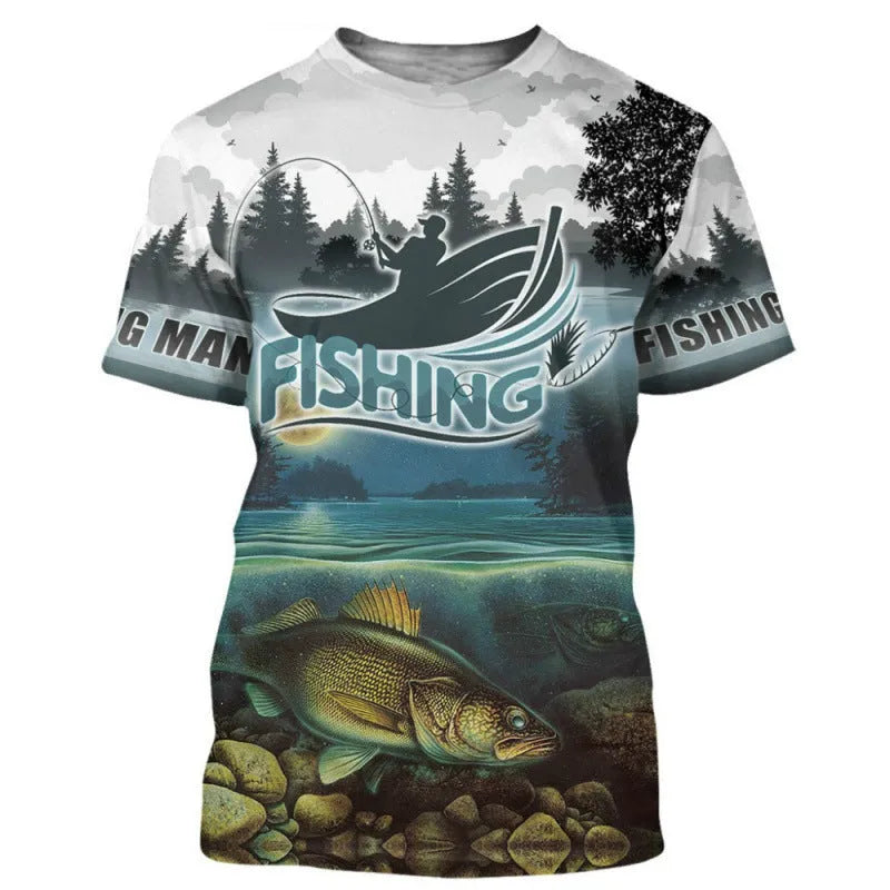 Men's loose fit t-shirt with a digitally printed fishing pattern design.