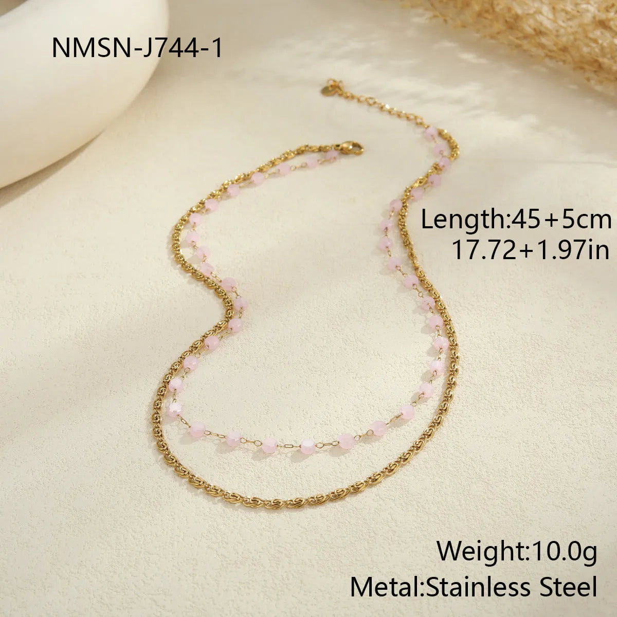 Gold-plated beaded stainless steel double layer twin chain clavicle necklace for women with colourful geometric links