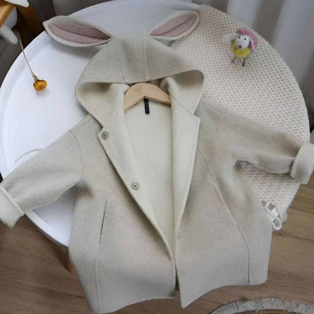 Children's autumn winter beige woolen coat with rabbit ear collar long sleeve mid-length polyester fibre