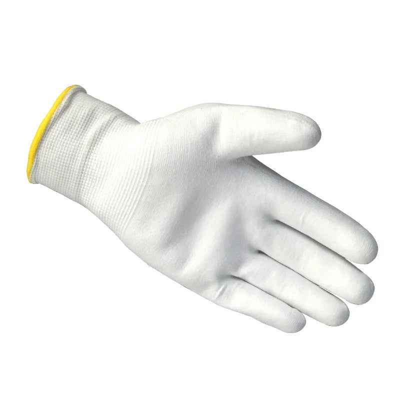 White PU coated work gloves with breathable cotton backing, shown in sizes L and M.