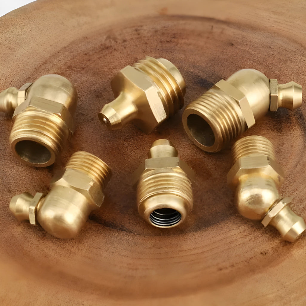 Pure copper head grease nipple with brass body, 45 degree and 90 degree bend options, British thread sizes M5 to M20.