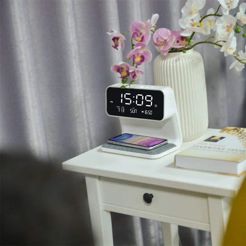 White 3-in-1 bedside lamp with wireless charging pad, LCD screen clock, and touch dimming.