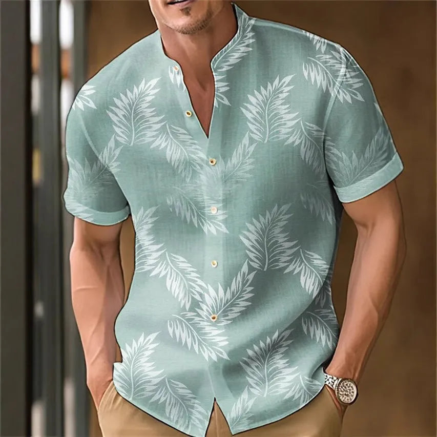 Men's printed casual polyester shirt shown in one of eight available colours.