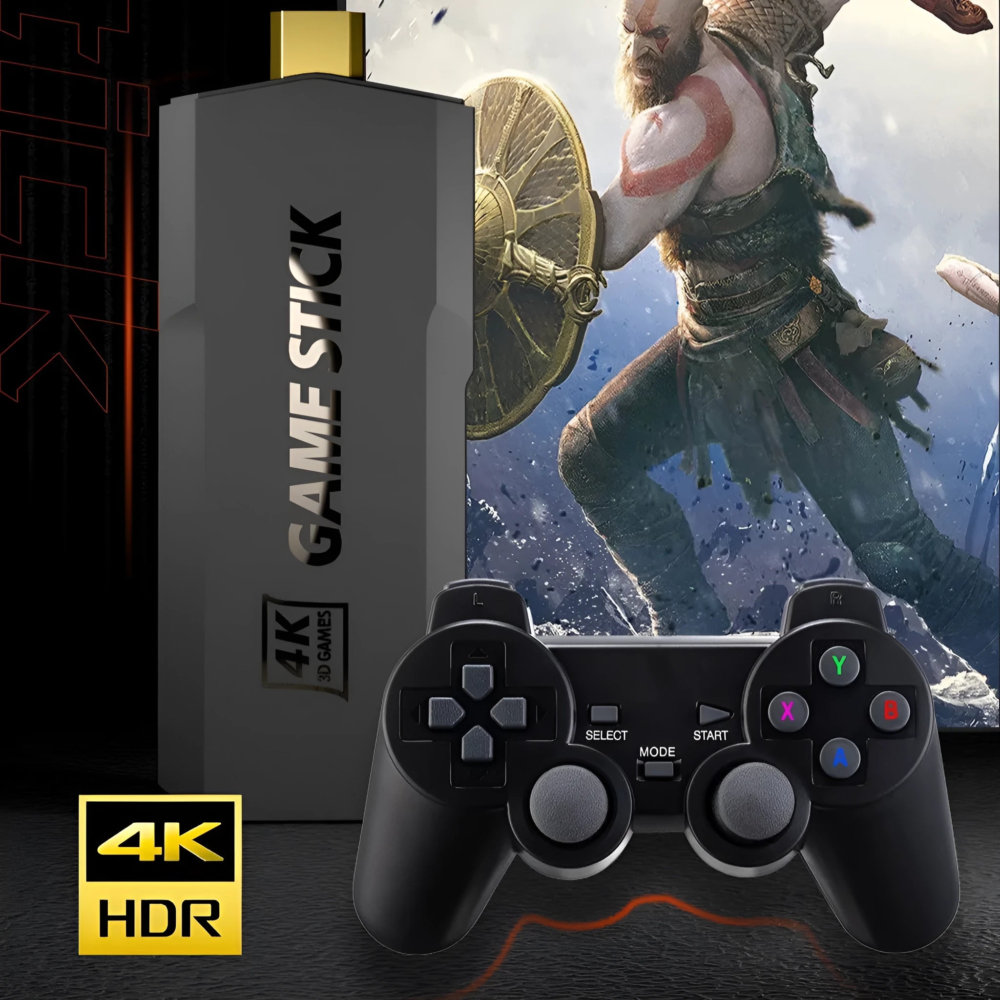 HD Home TV Game Console with wireless handle on a table next to a television, showing HDMI cable connection.