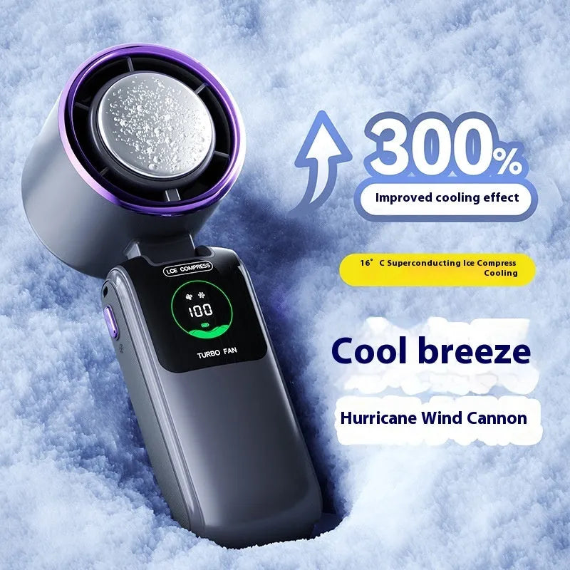 USB rechargeable handheld folding mini fan showing adjustable speed controls and compact folded design