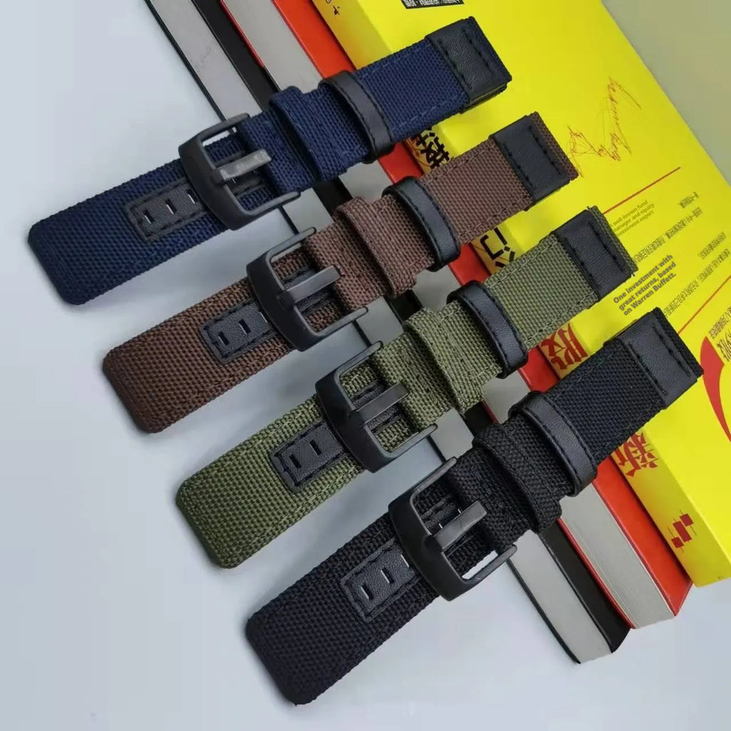 Oxford cloth replacement watch strap in camouflage colour, showing the textured fabric and buckle.