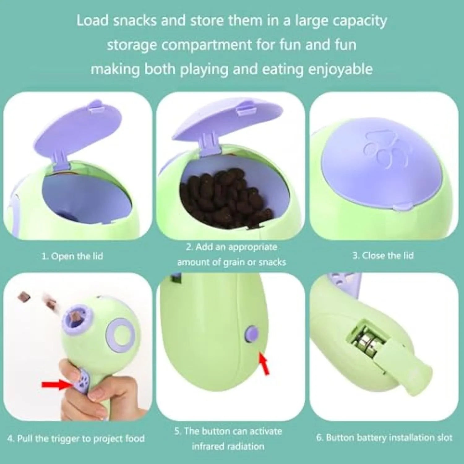 Green, orange, and pink plastic interactive dog treat launcher and slow feeder toy.