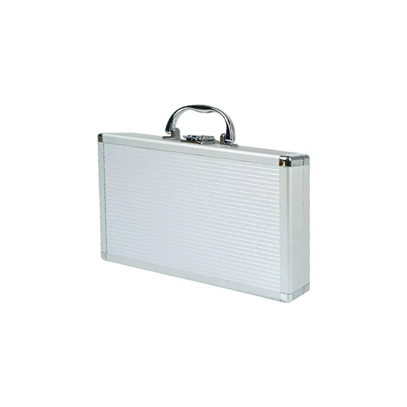Silver aluminium alloy toolbox with lock and carry handle on a workbench