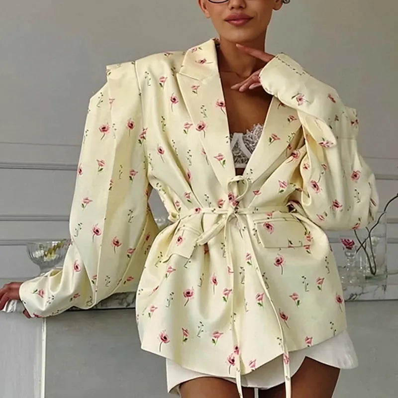 Women's lace-up waist suit jacket in polyester available in apricot white yellow and floral print colours