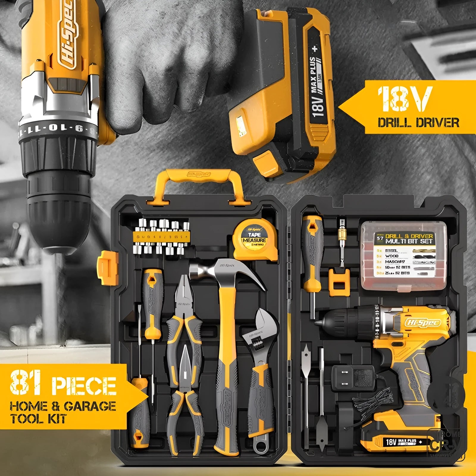 Grey yellow US style 82-piece chrome-vanadium steel tool kit for furniture installation.