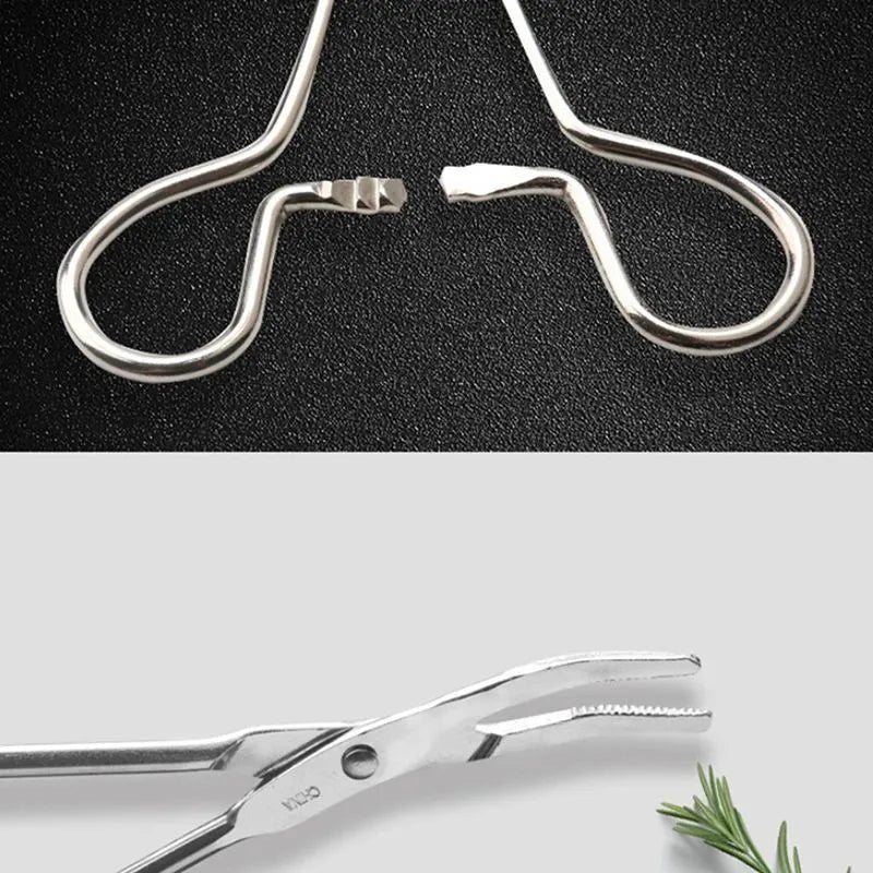 Silver stainless steel pet ear cleaning tweezers with an ergonomic anti-slip handle.