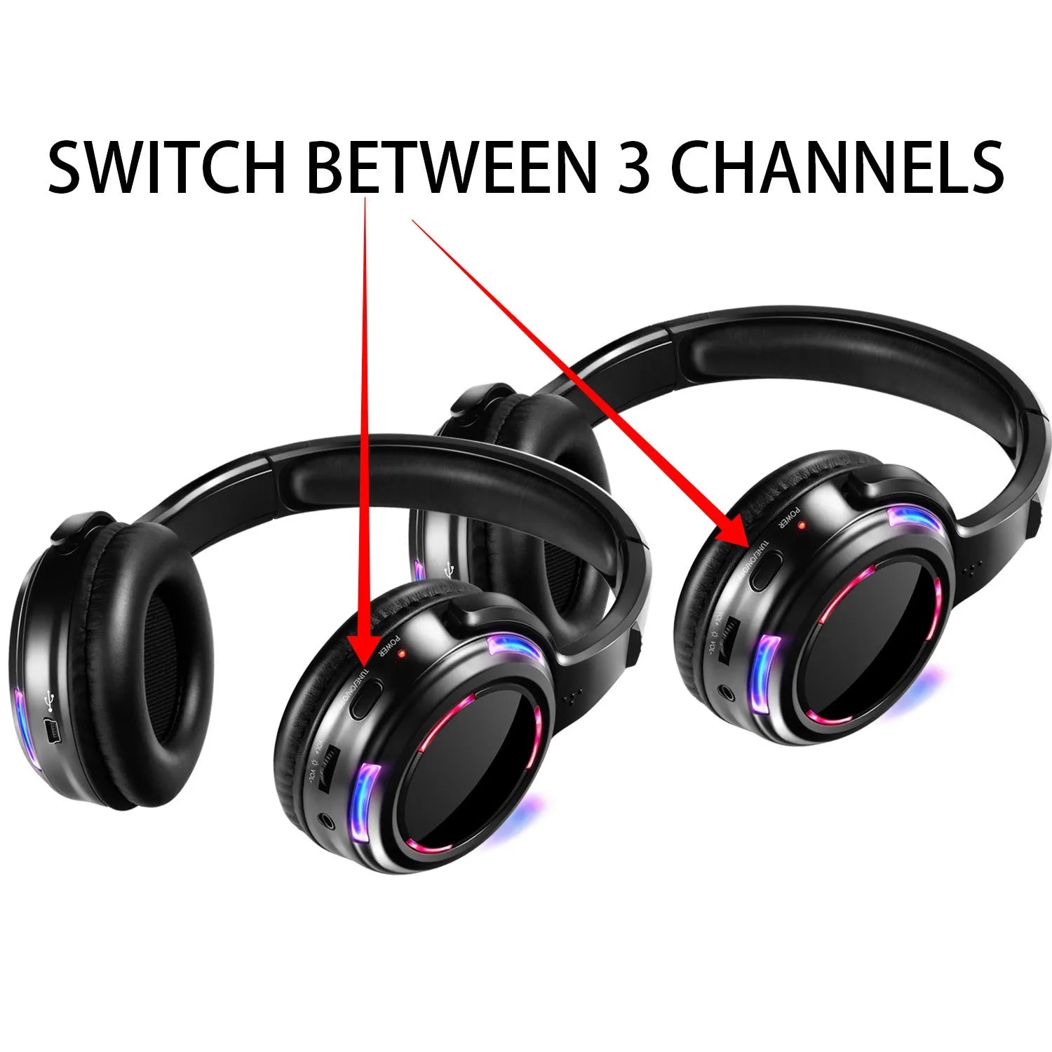 Black silent disco wireless headphones with over-ear design and a coiled 3.5mm cable.