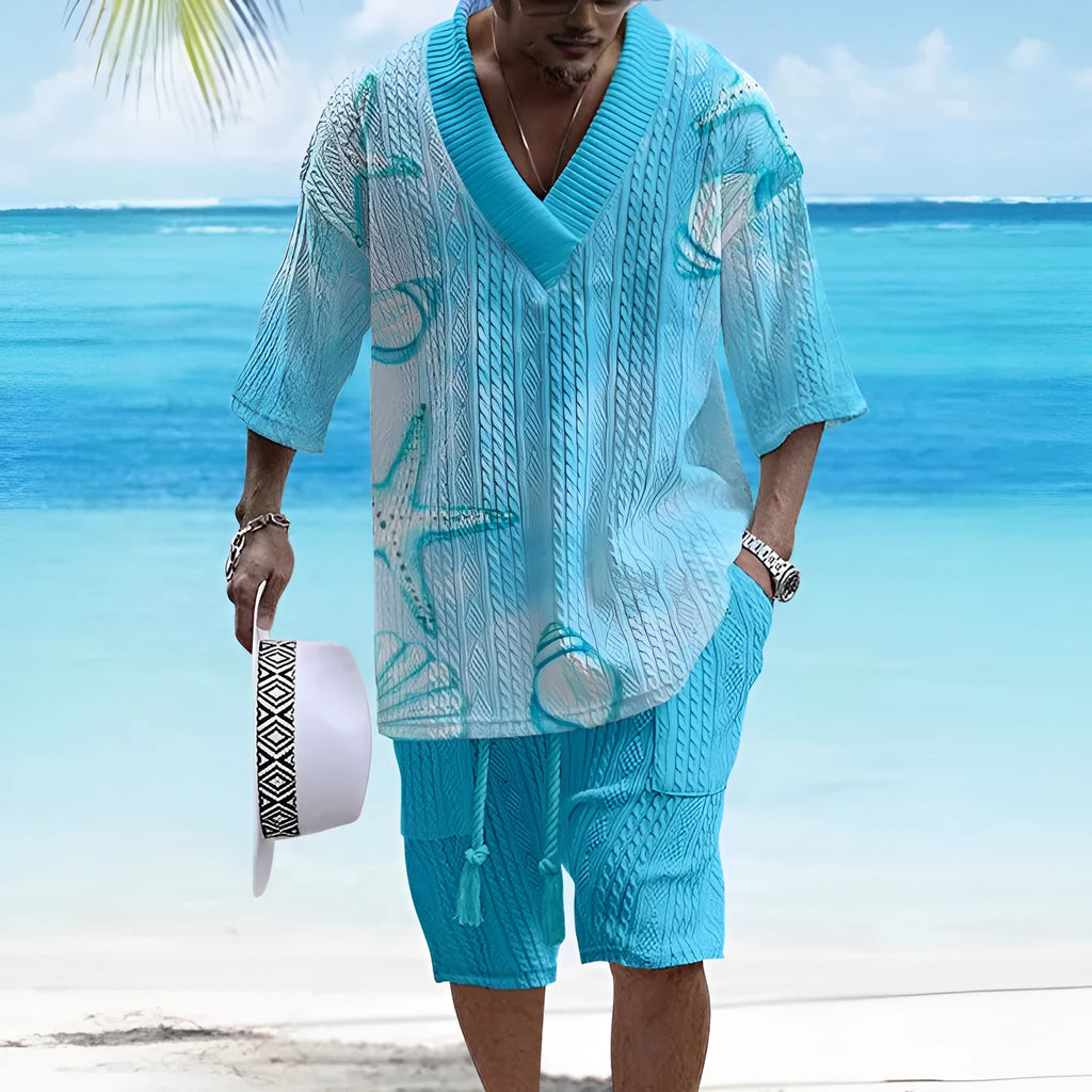 Man wearing a loose-fitting light blue short sleeve top and matching casual shorts from a polyester two-piece suit.