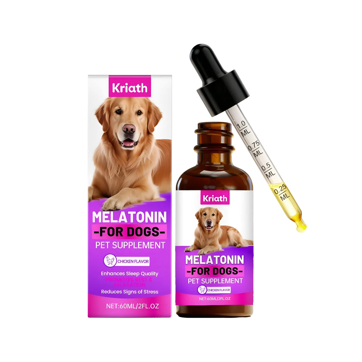 60ml melatonin for dogs liquid supplement bottle with dropper, containing L-theanine, chamomile and passion flower