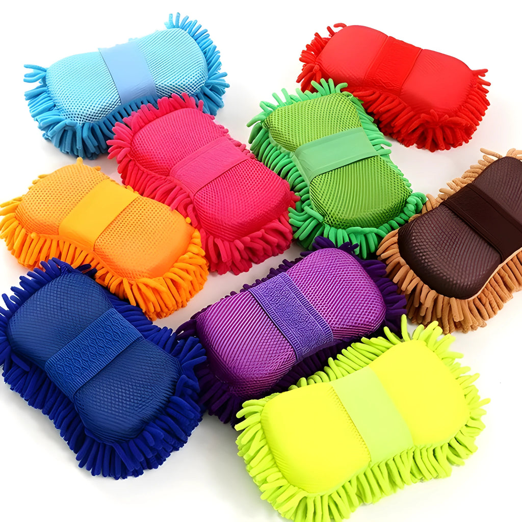 Silver green car wash sponge measuring 14 by 25 centimetres with spiral chenille construction