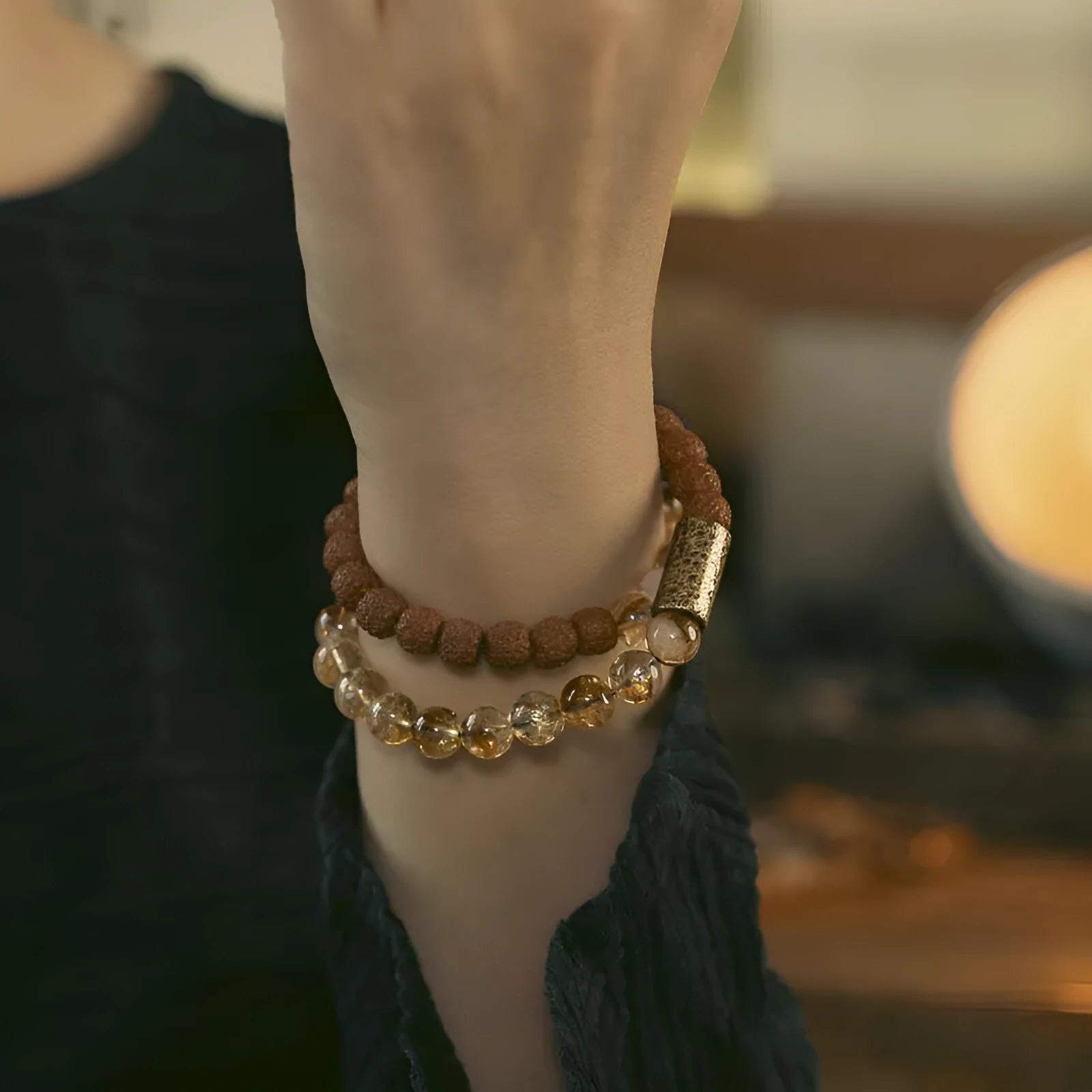 Retro LCD double circle bracelet with natural colour display in citrine colour