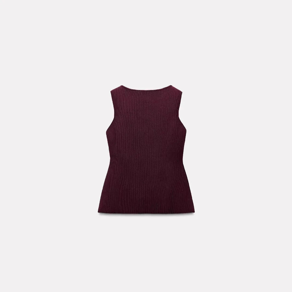 Dark red slim fit sweater vest with gold buttons and 3D pattern on mannequin