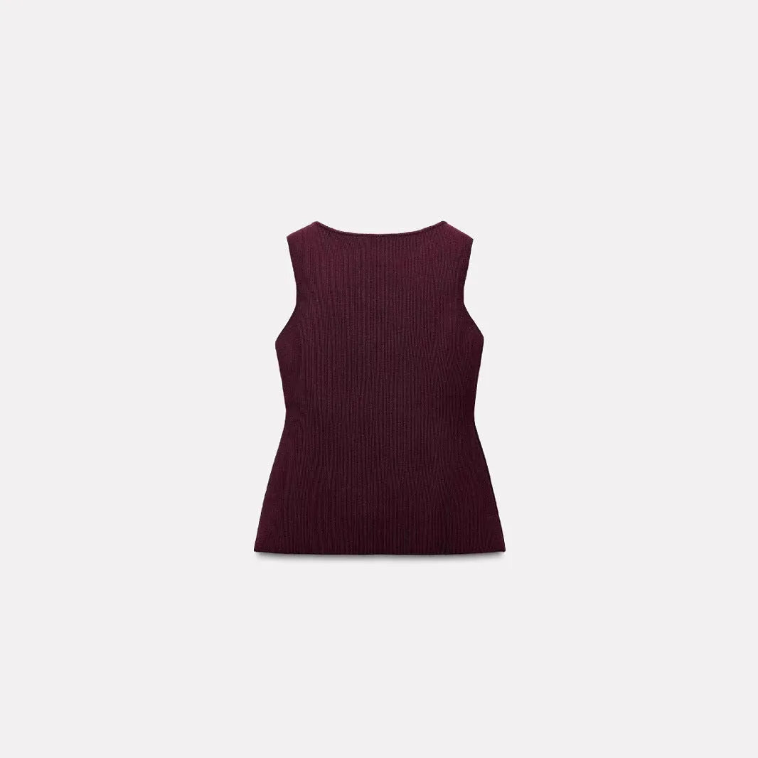 Dark red slim fit sweater vest with gold buttons and 3D pattern on mannequin