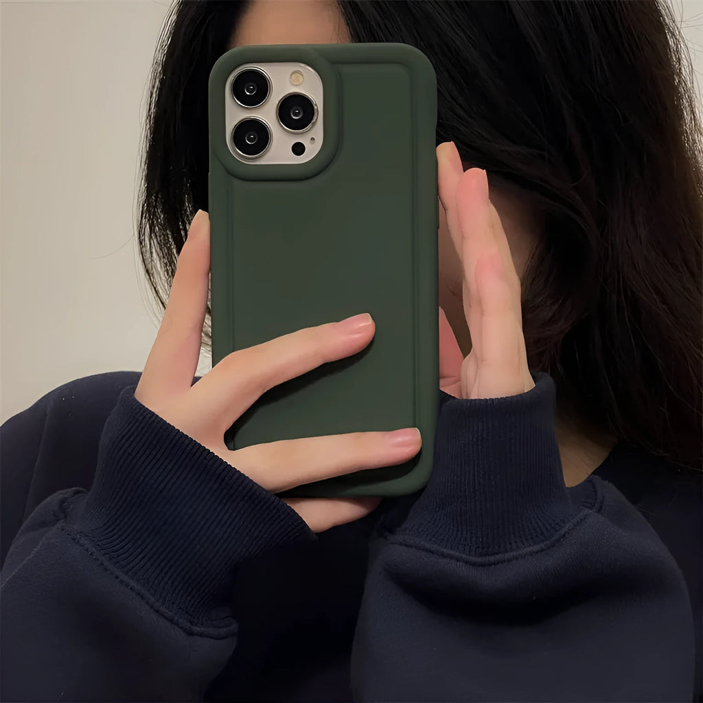 Silicone soft phone case for iPhone, available in multiple colours including black and khaki, flexible protective cover