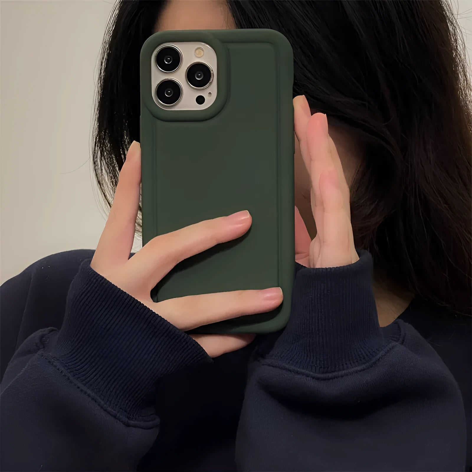 Silicone soft phone case for iPhone, available in multiple colours including black and khaki, flexible protective cover