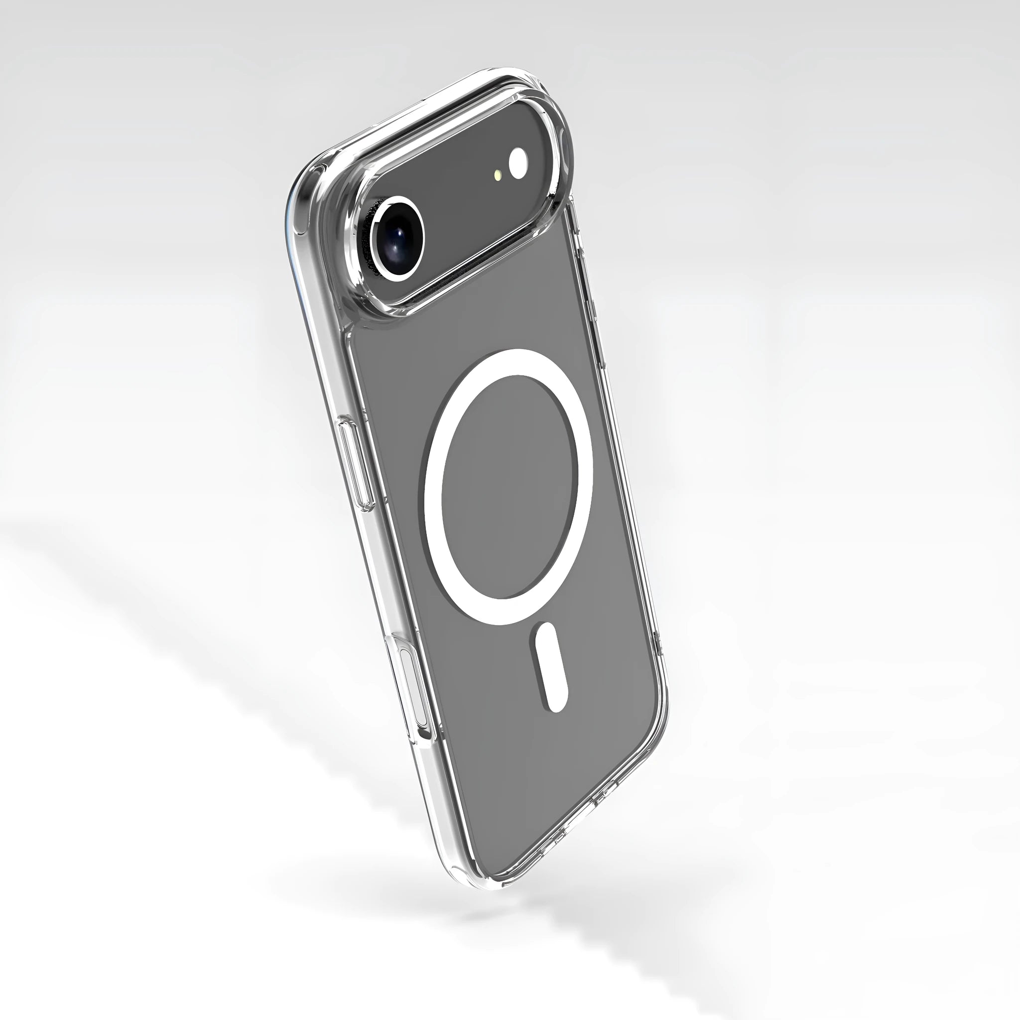 Transparent magnetic phone case for iPhone 17 series showing TPU composite construction and magnetic attachment points