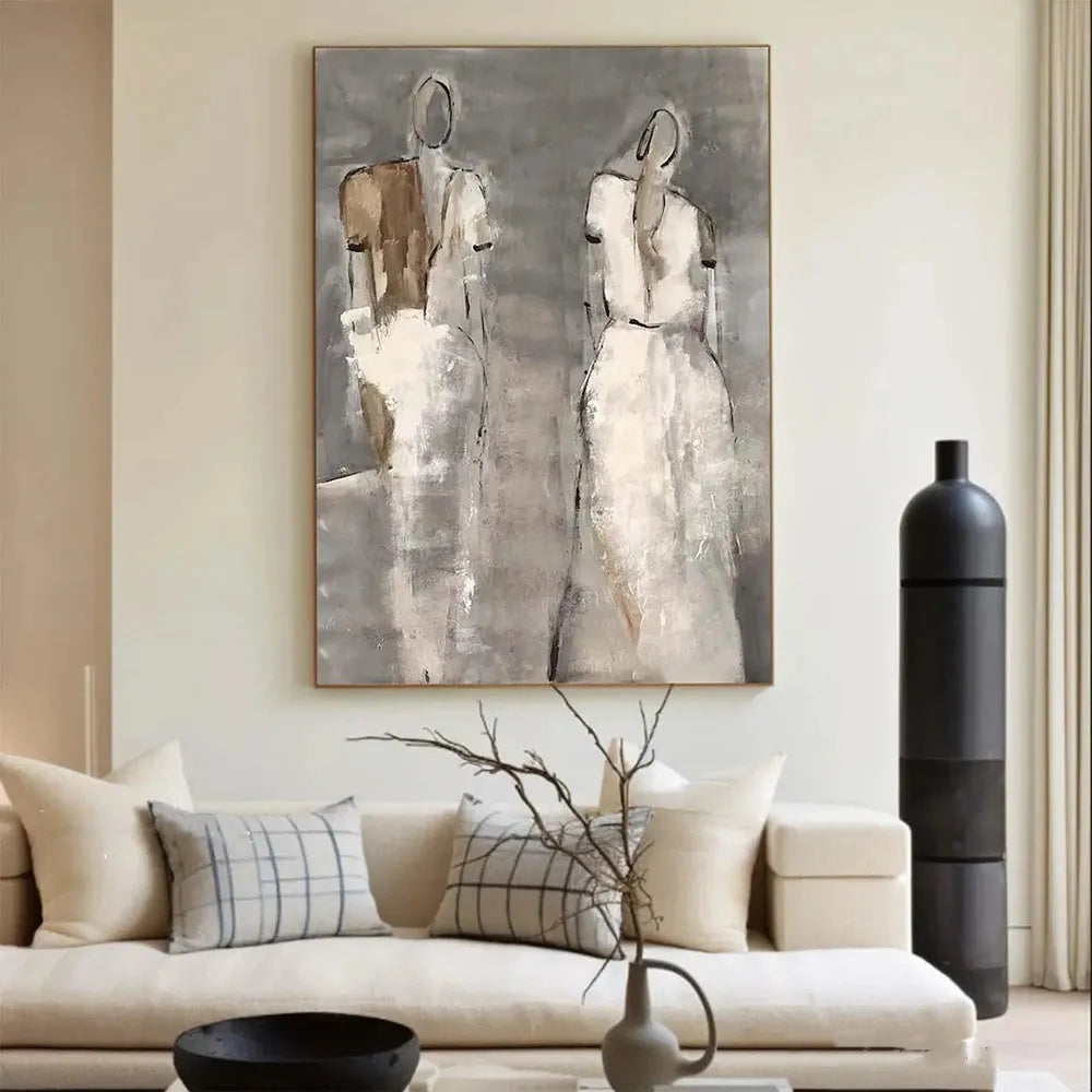 Hand-painted characters abstract oil painting on canvas, vertical unframed wall art for home rooms.