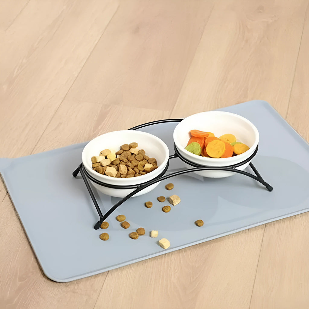 Silicone pet placemat in five colour options beneath dog food and water bowls