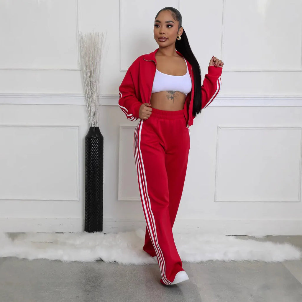 Striped zipper sweater and trousers two-piece set in street hipster style