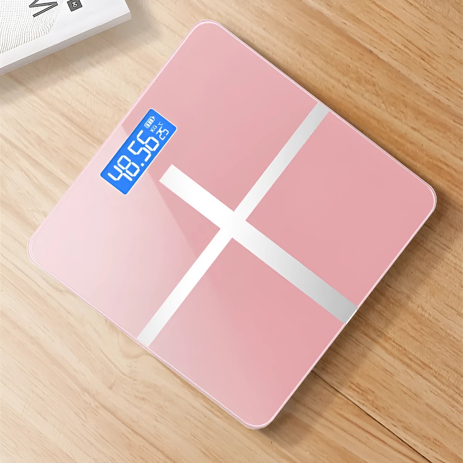 USB rechargeable electronic body weight scale in Cross Black, Cross Rose Red, or Cross White colour options