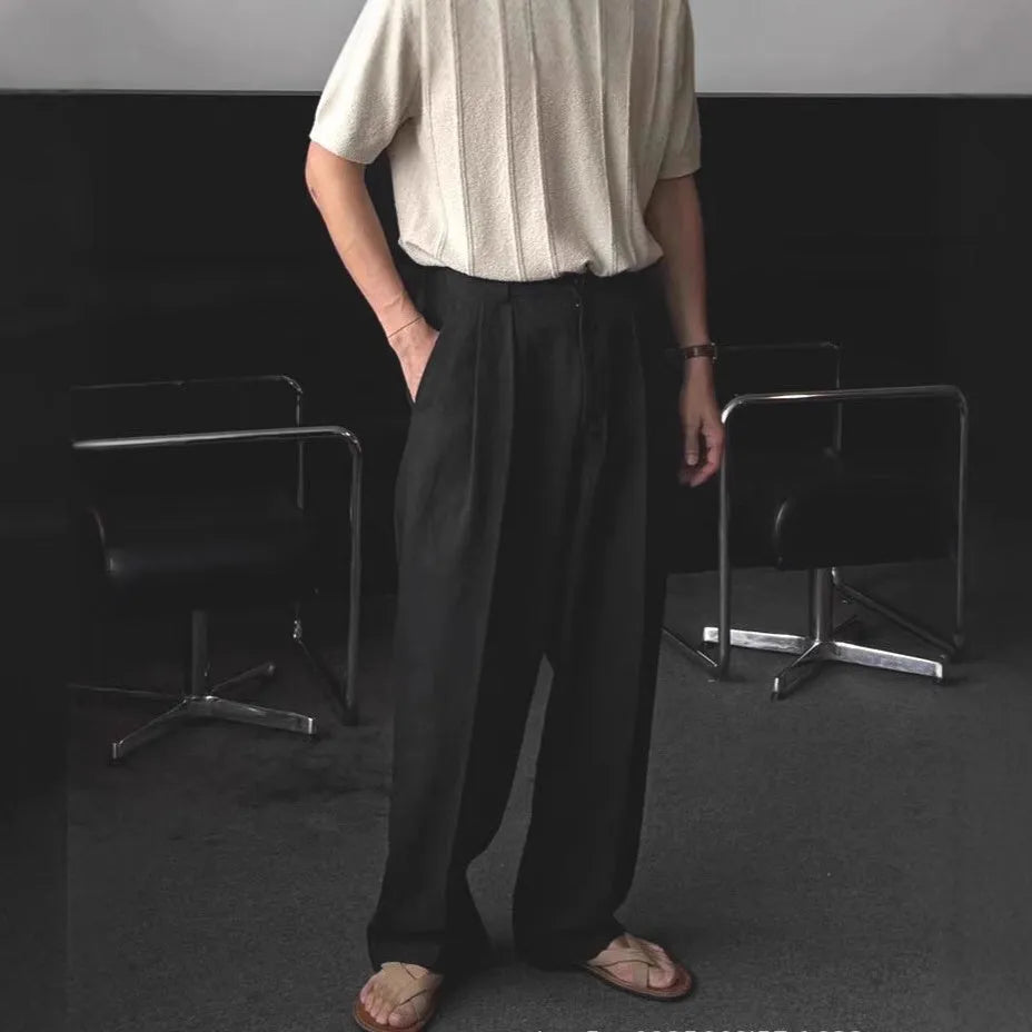 Men's apricot wide-leg cotton linen trousers with loose fit and Korean-style design