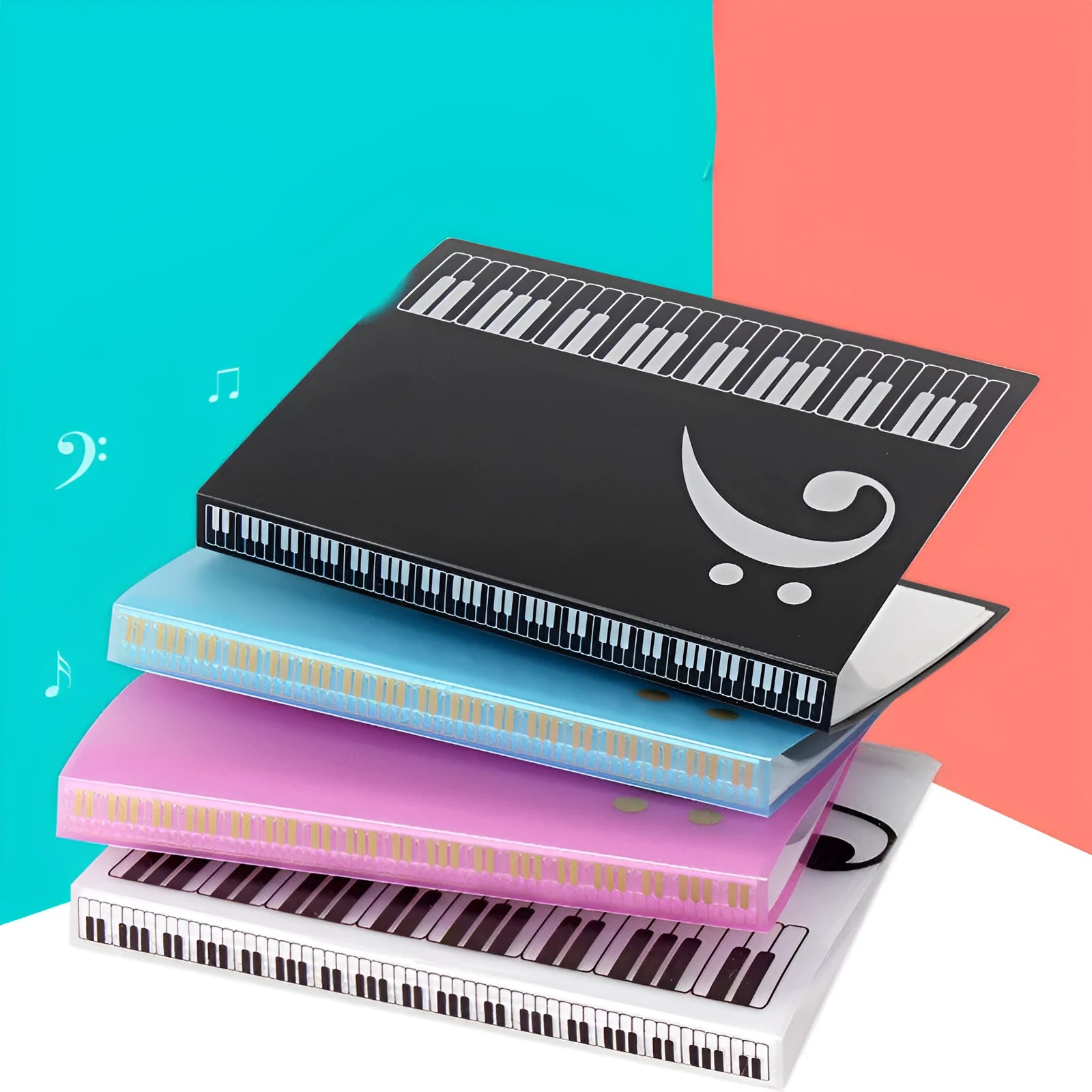 Piano music folder with transparent sleeves for sheet music inserts in ABS plastic