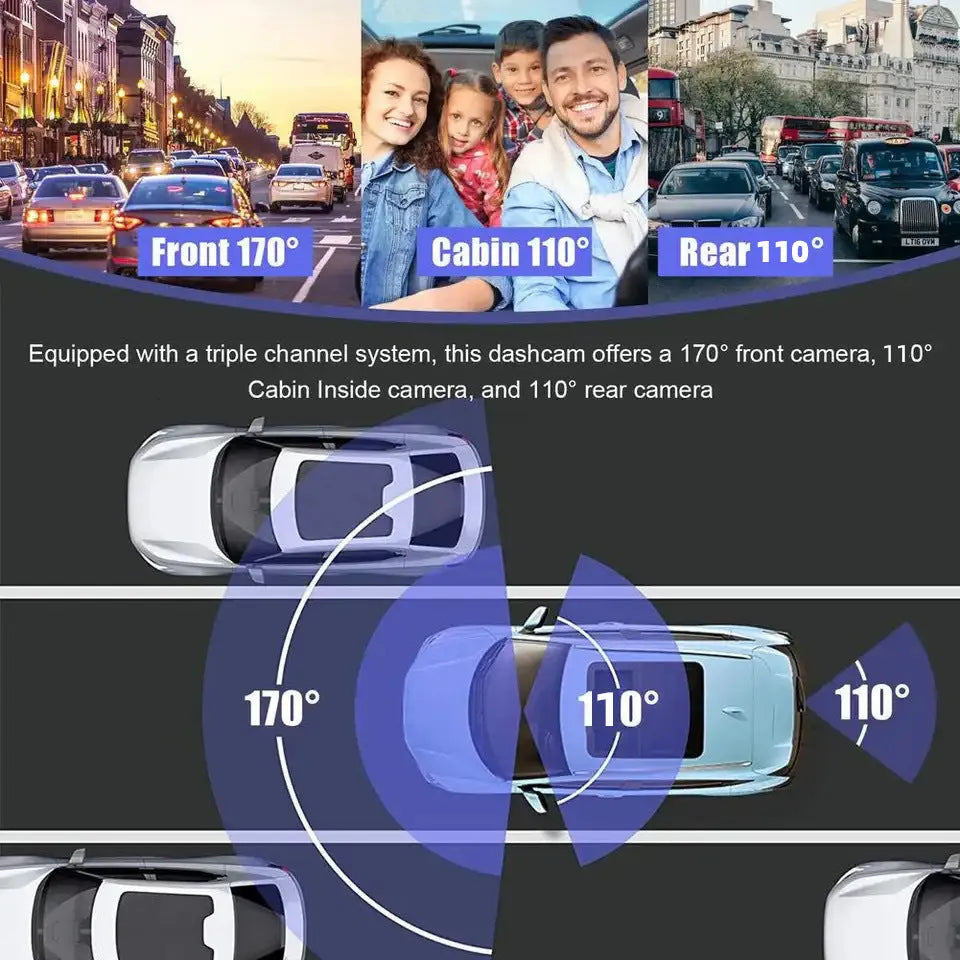 Black 3 lens dashboard camera for car windshield with 3 inch screen.