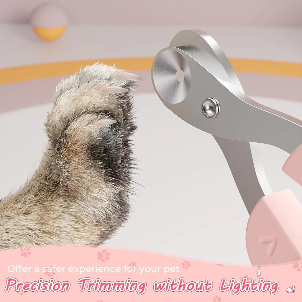 Pink and blue cat nail clippers with a safety guide hole and stainless steel blade on a white background.