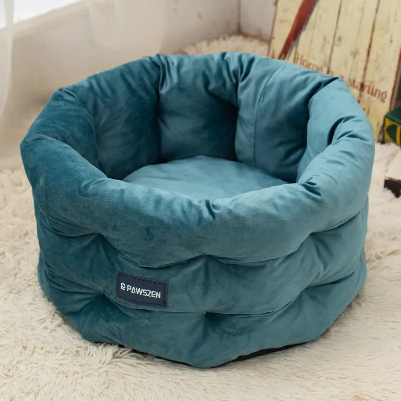 Cloth cat bed in beige on floor, medium size 48x26cm for cage or indoor use