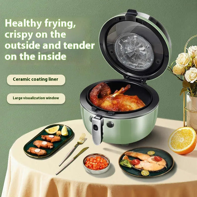 8-litre air fryer oven with mechanical buttons and a visible ceramic-coated cooking pot.