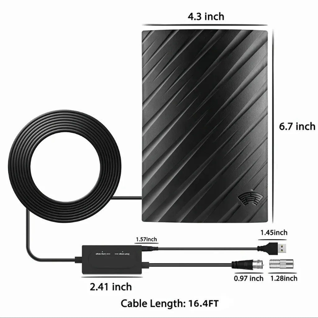 Black plastic digital television antenna with dimensions 18x16x7cm and mounting accessories