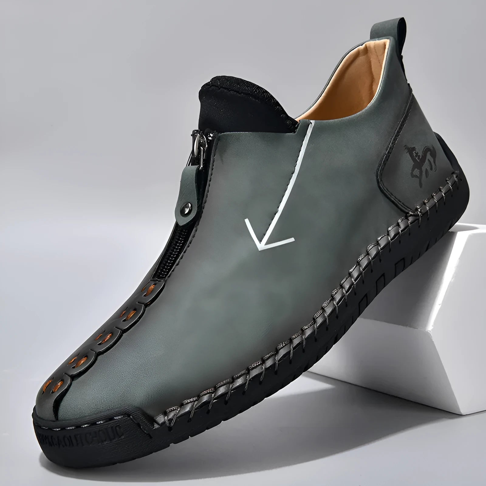 Men's black front zip Martin style boots with round toe and low rubber sole.