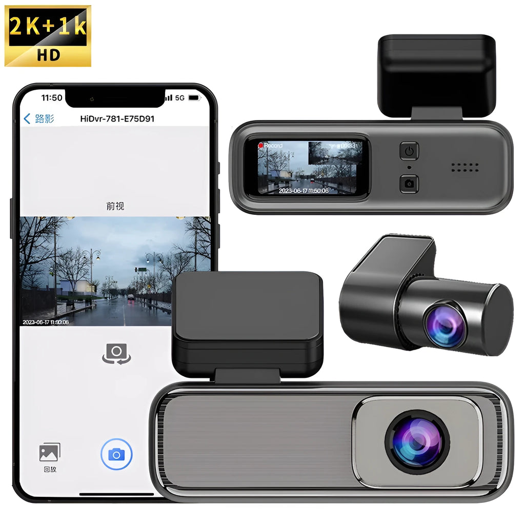 WiFi-connected driving recorder with 1.2-inch screen showing HD 2K video recording capability
