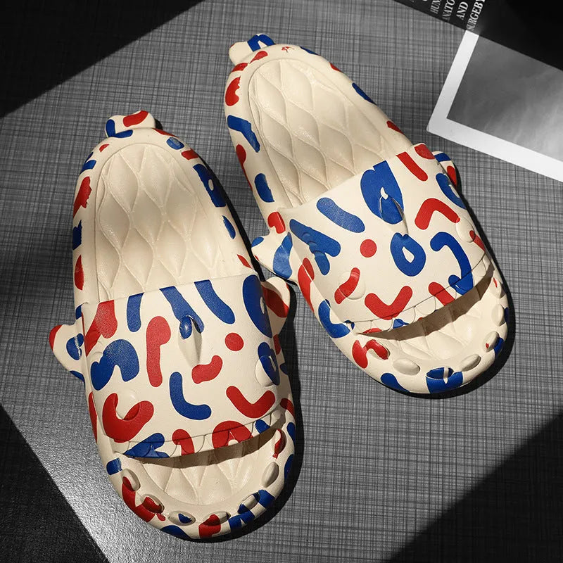 Shark design open-toe EVA slippers in various colours on a white background