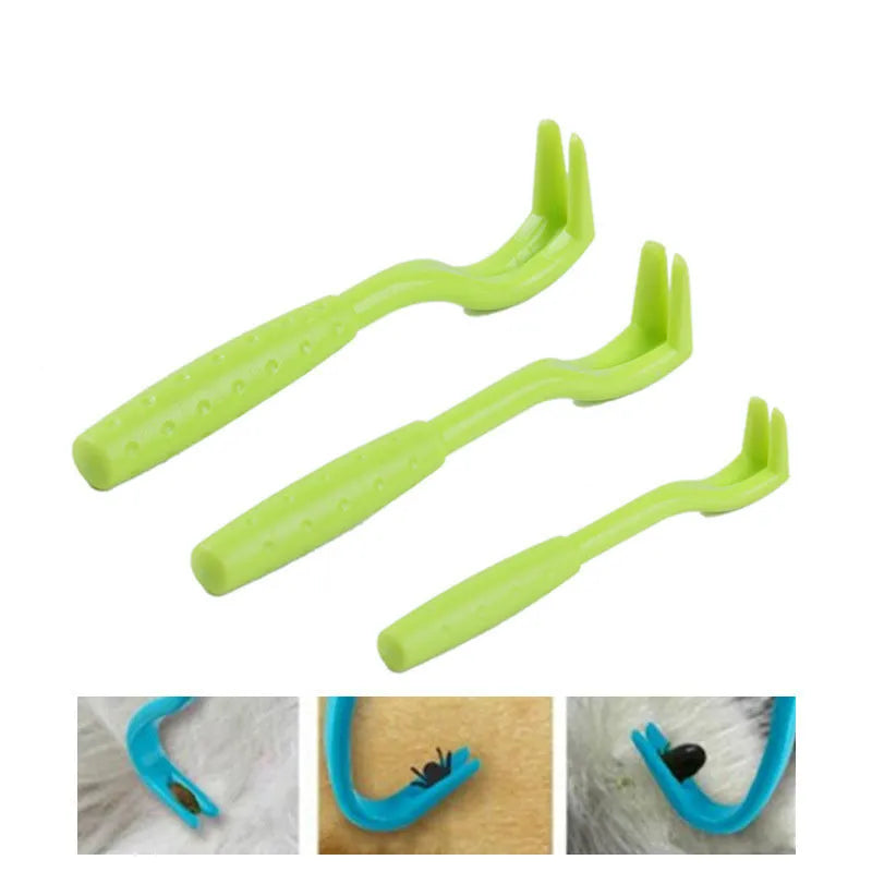 Three plastic tick removal hook tools for pets in blue and green colours