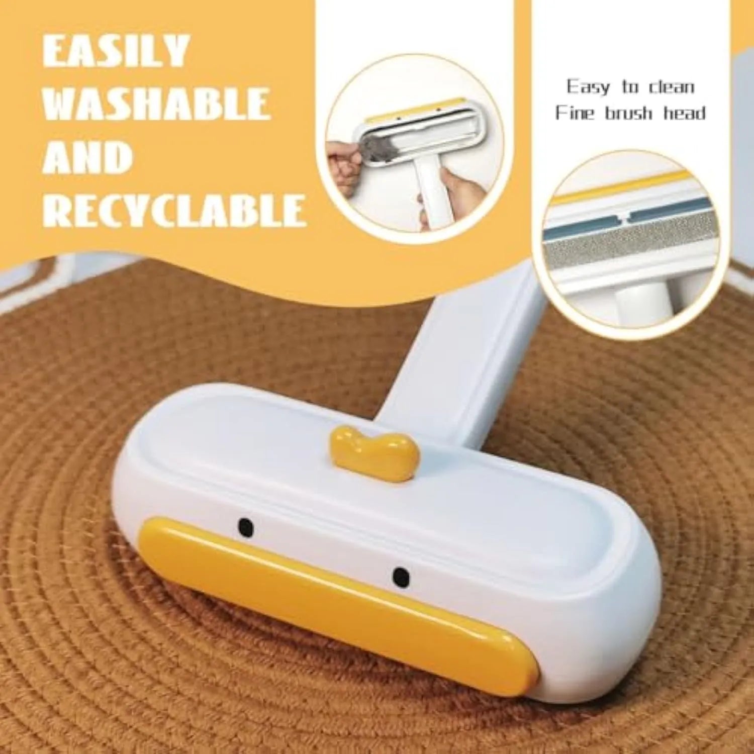 Portable pet hair remover brush with yellow duck design and white plastic body