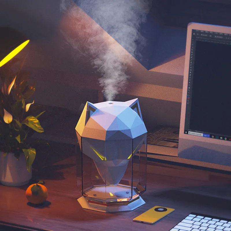Black and white desktop humidifier with colourful lights and USB cable