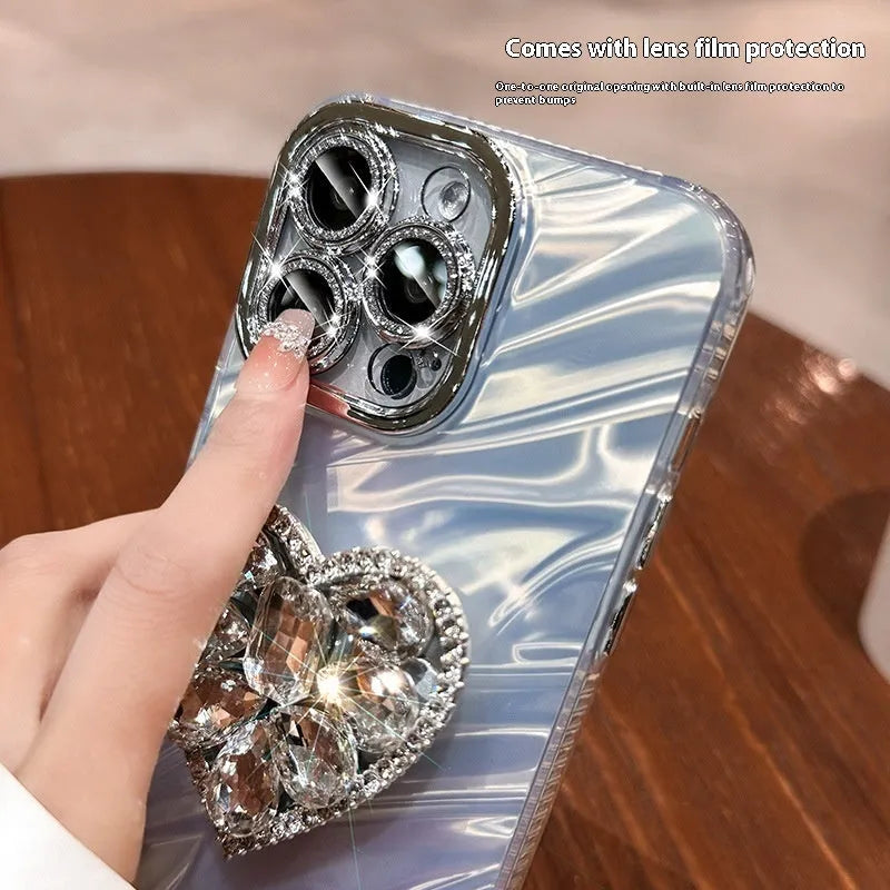 Silicone phone case with rhinestone love bracket and lens protector for iPhone in silver