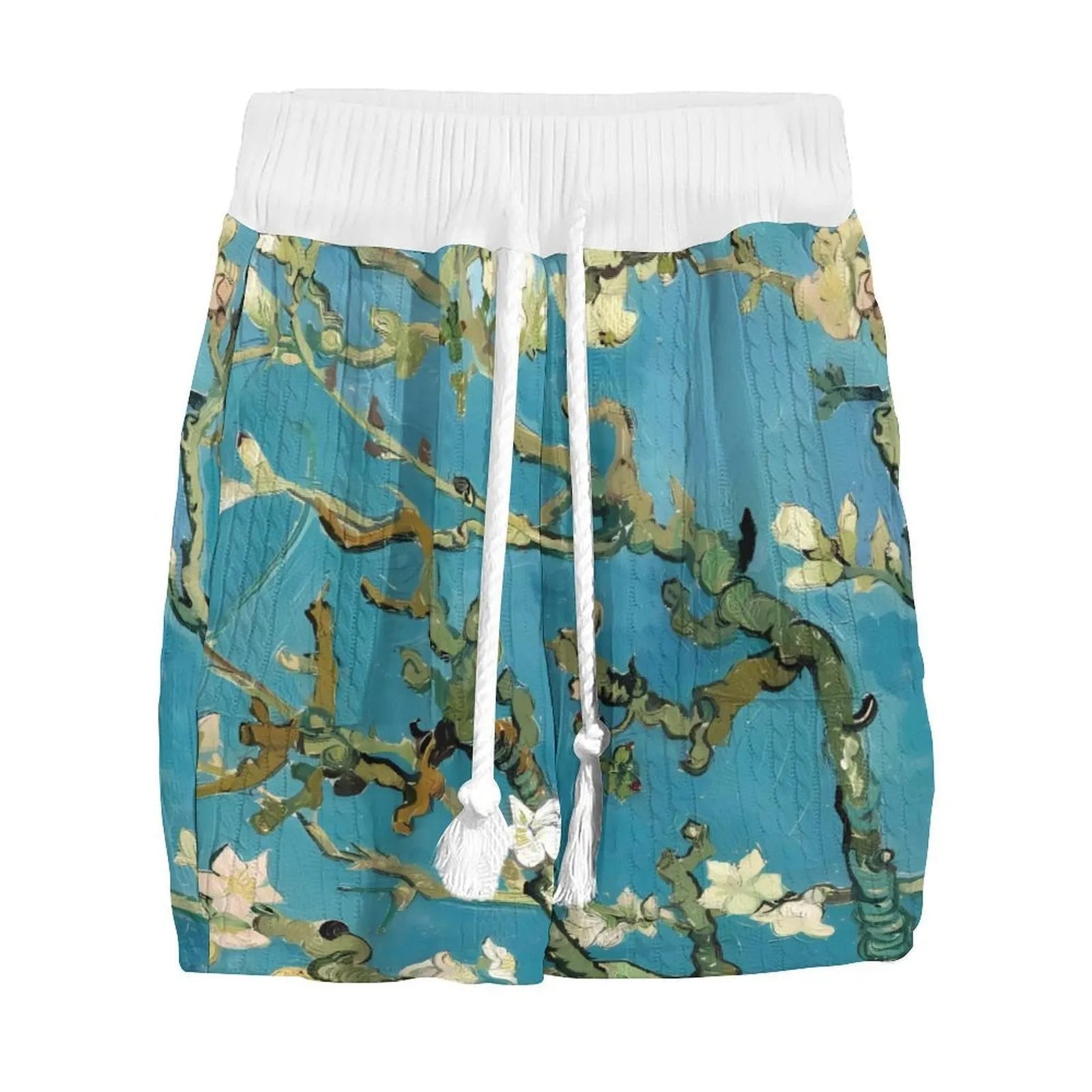 Men's peacock blue 3D printed knitted shorts suit set with matching top and casual trousers