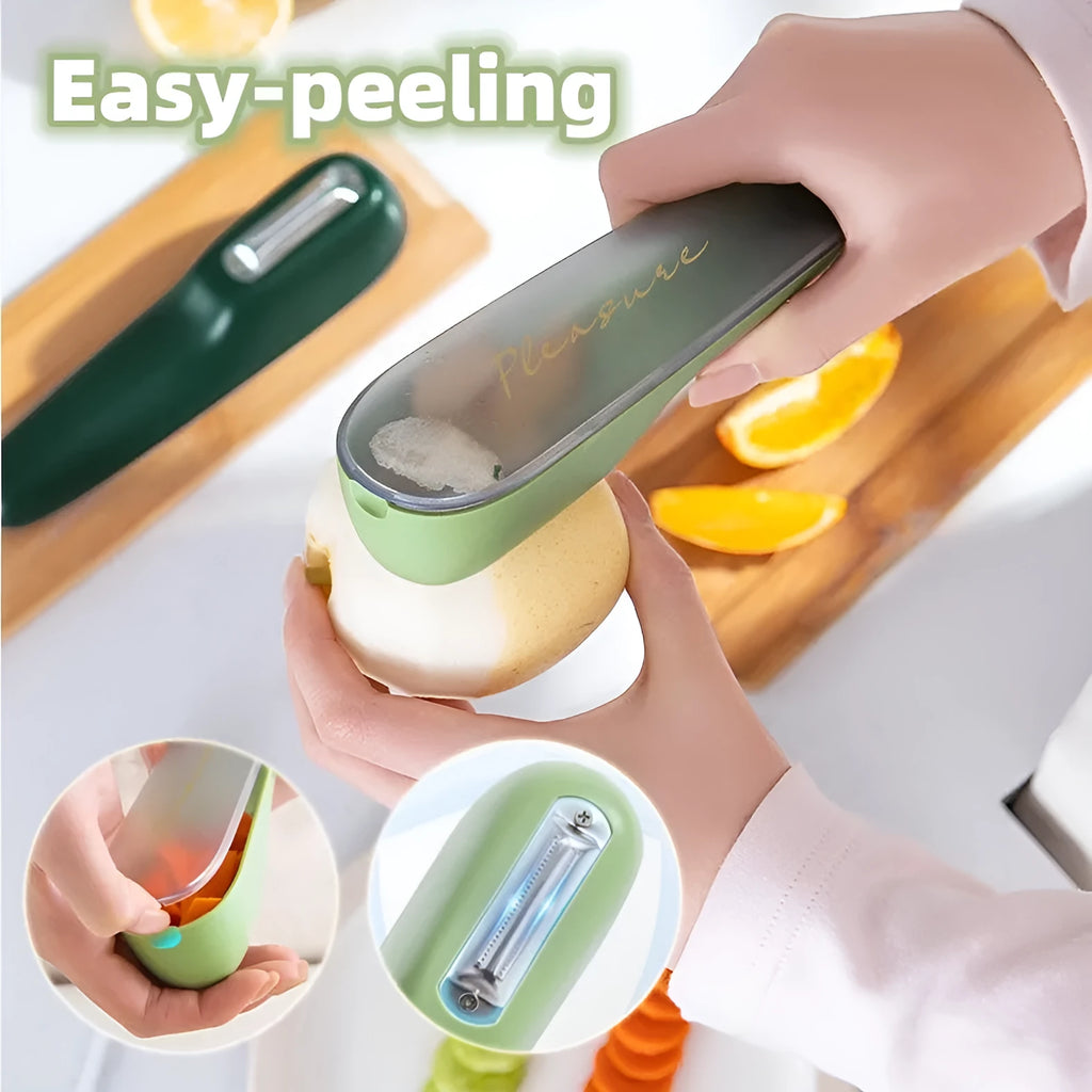 Green fruit and vegetable peeler with a stainless steel blade stored inside its own plastic tube.