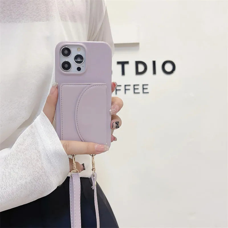Litchi pattern phone case with coin purse card holder and lanyard for iPhone on white background